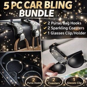 5pc Car Bling Bundle: 2 Purse Hooks, 2 Coasters & 1 Sunglass Clip/Holder